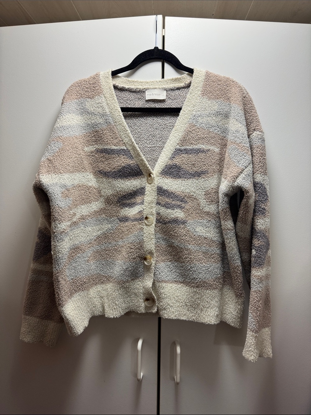V-Neck Striped Button-Front Cardigan in Beige and Cream